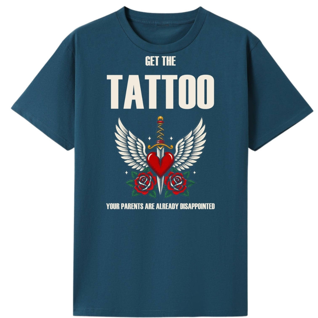 A teal oversized tee with the Get The Tattoo graphic printed large on the front.