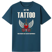 A teal oversized tee with the Get The Tattoo graphic printed large on the front.