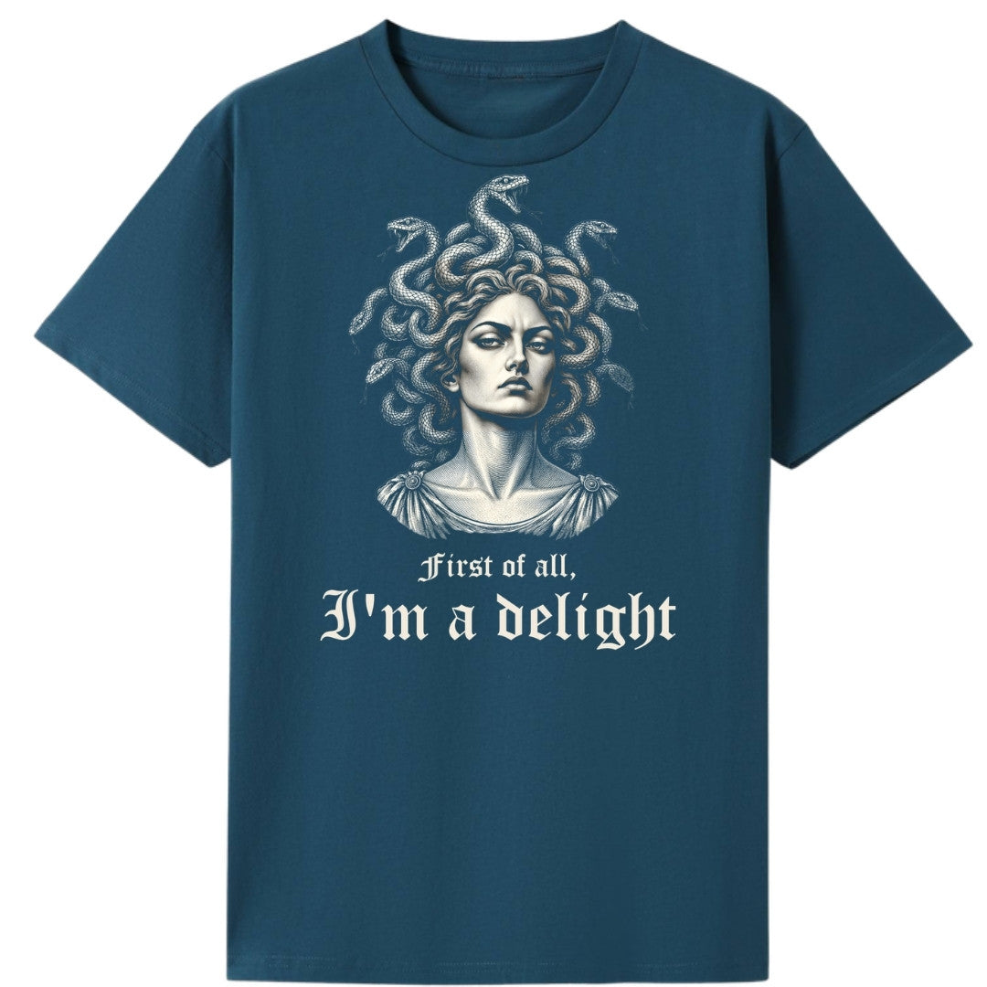 A teal oversized tee with the First Of All I'm A Delight graphic printed large on the front.