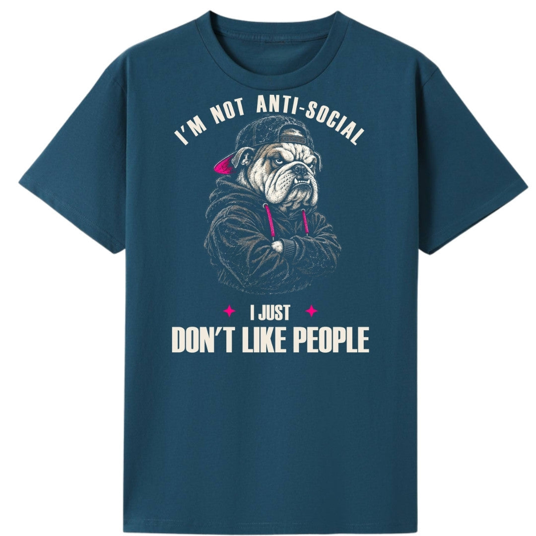 A teal oversized tee with the I'm Not Anti Social Bulldog graphic printed large on the front.