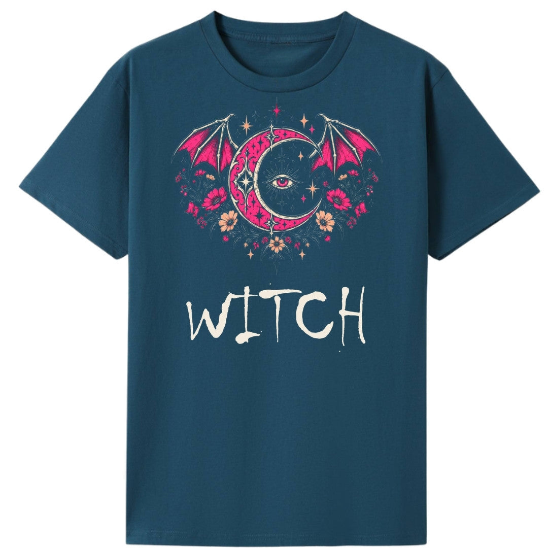 A teal oversized tee with the Witch graphic printed large on the front.