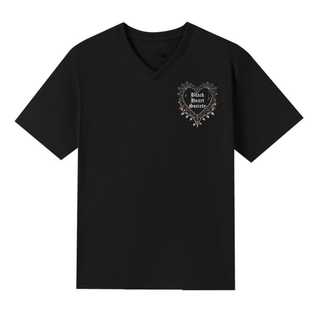 A black V-neck oversized tee with a small Black Heart Society graphic on the left chest.