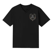 A black V-neck oversized tee with a small Black Heart Society graphic on the left chest.