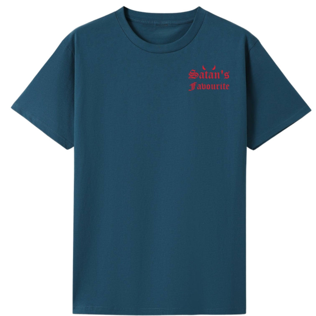 A teal oversized tee with a small Satan's Favourite graphic on the left chest.