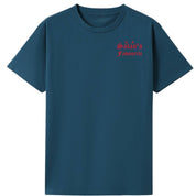 A teal oversized tee with a small Satan's Favourite graphic on the left chest.