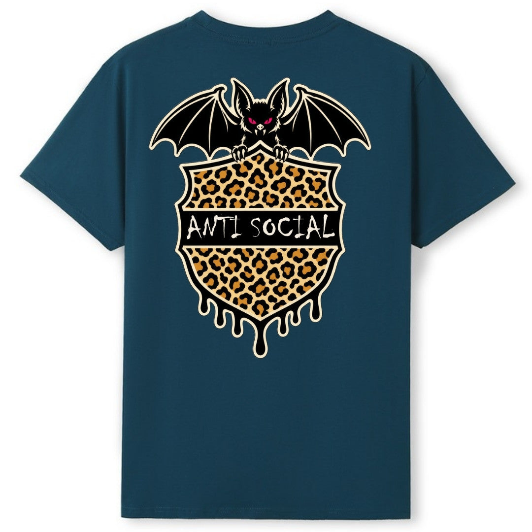 A teal oversized tee shown from the back, with the Anti Social graphic printed large across the back.