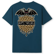 A teal oversized tee shown from the back, with the Anti Social graphic printed large across the back.