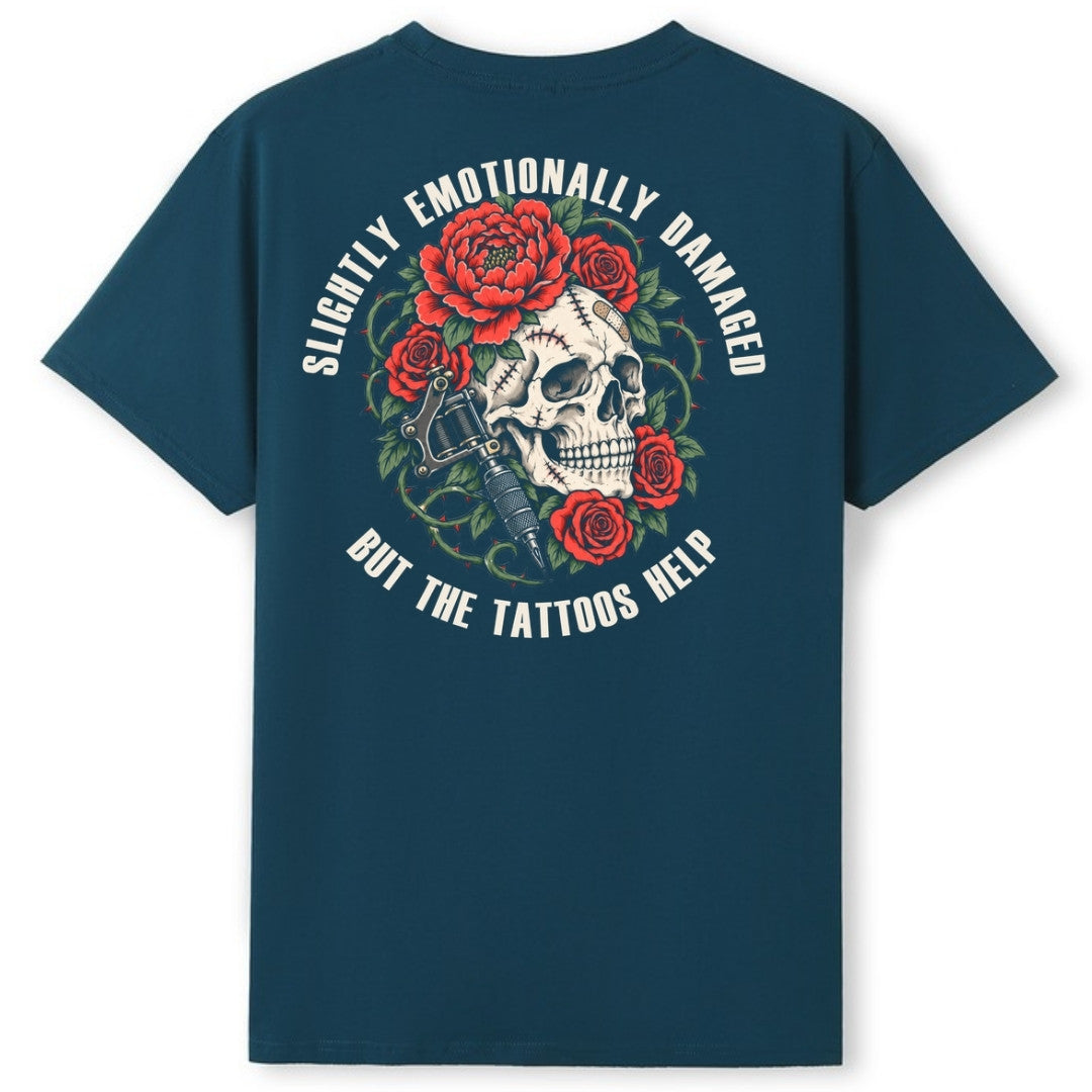 A teal oversized tee shown from the back, with the Slightly Emotionally Damaged graphic printed large across the back.