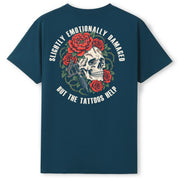 A teal oversized tee shown from the back, with the Slightly Emotionally Damaged graphic printed large across the back.