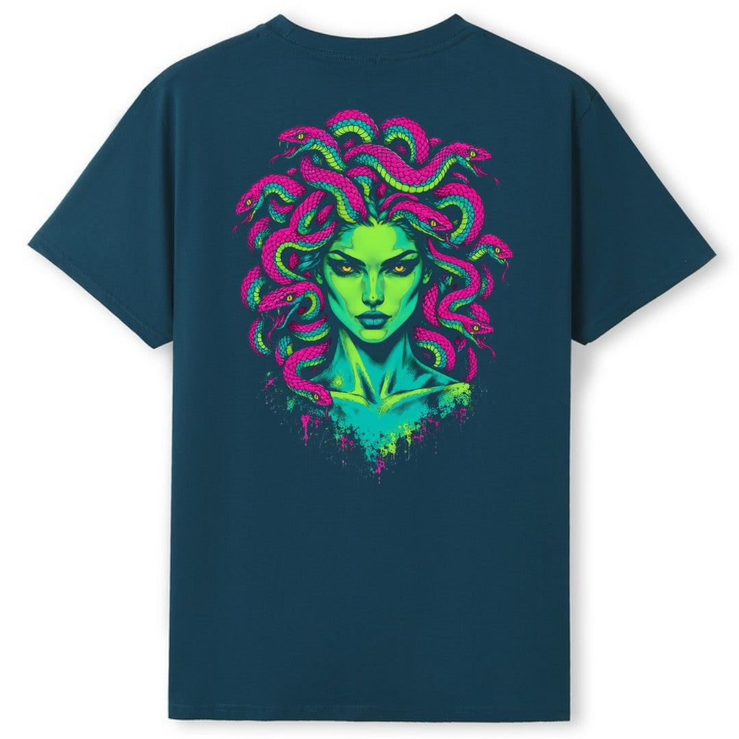 A teal oversized tee shown from the back, with the Medusa graphic printed large across the back.
