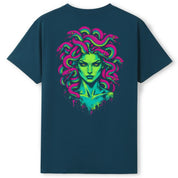 A teal oversized tee shown from the back, with the Medusa graphic printed large across the back.