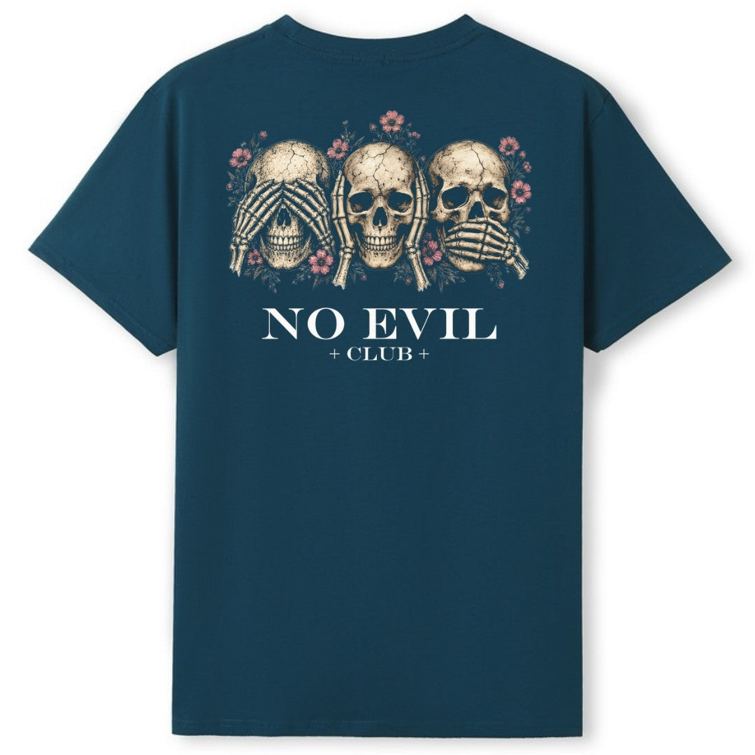A teal oversized tee shown from the back, with the No Evil Club graphic printed large across the back.