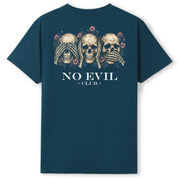 A teal oversized tee shown from the back, with the No Evil Club graphic printed large across the back.