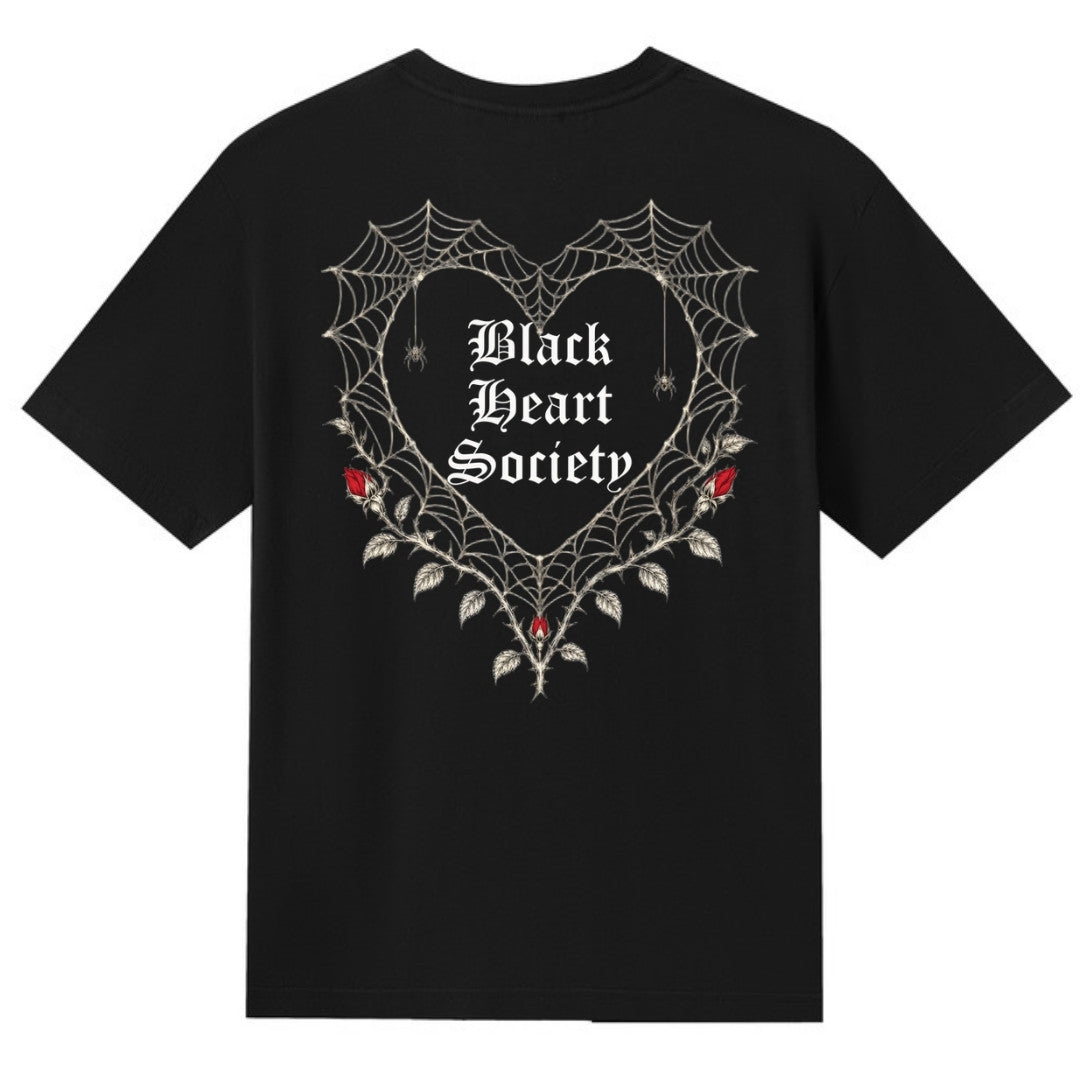 A black V-neck oversized tee shown from the back, with the Black Heart Society graphic printed large across the back.