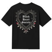 A black V-neck oversized tee shown from the back, with the Black Heart Society graphic printed large across the back.