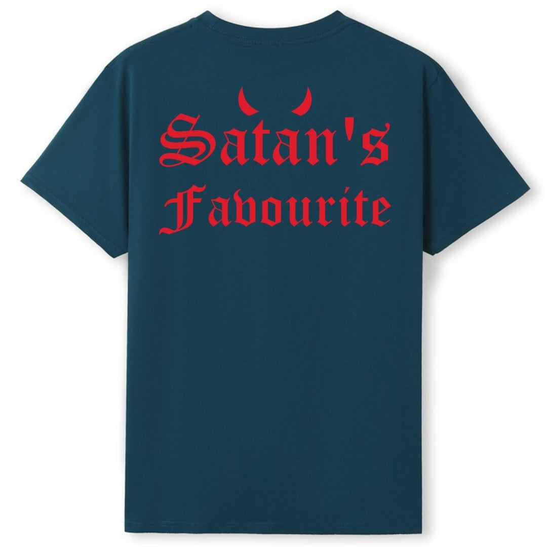 A teal oversized tee shown from the back, with the Satan's Favourite graphic printed large across the back.
