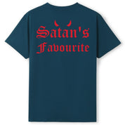 A teal oversized tee shown from the back, with the Satan's Favourite graphic printed large across the back.