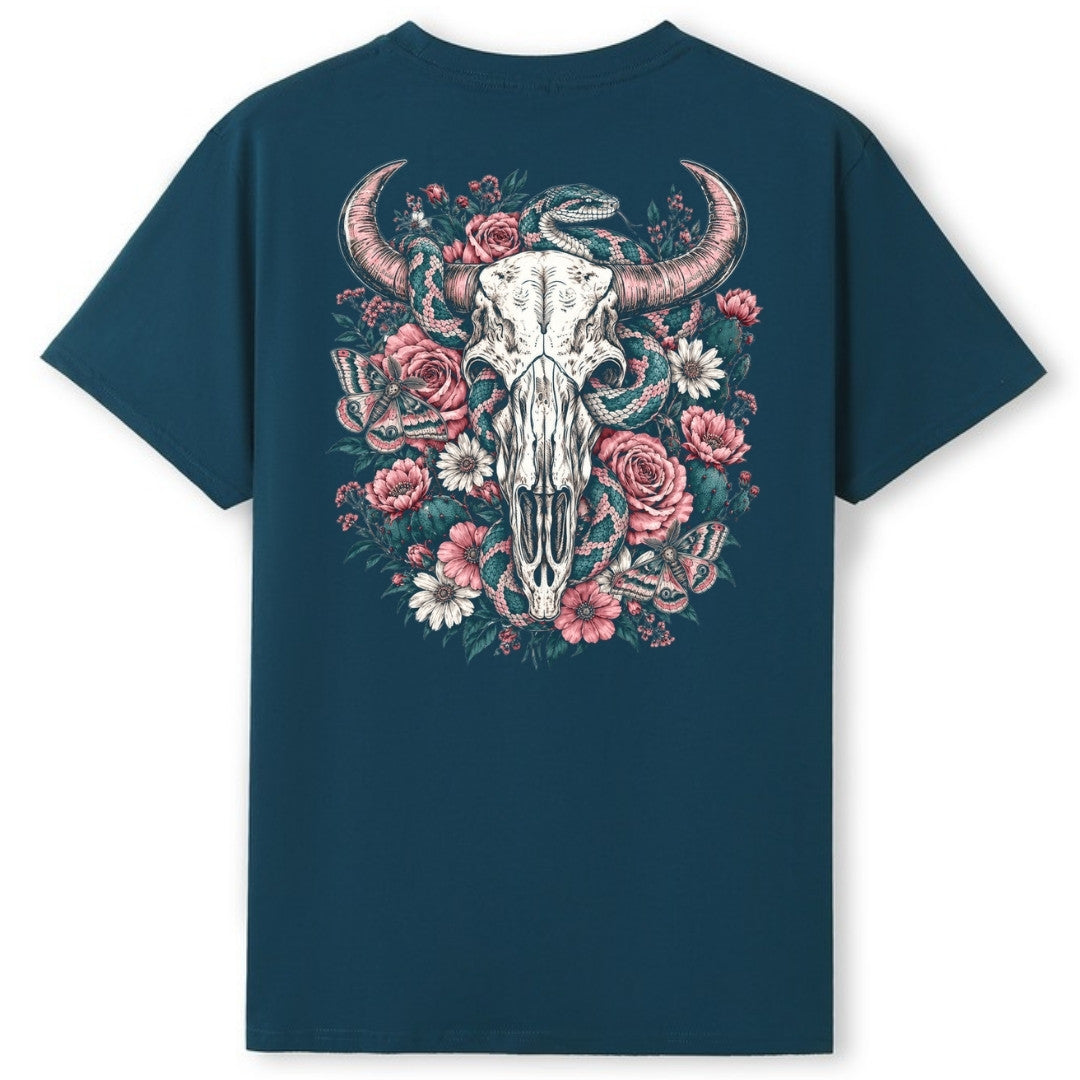 A teal oversized tee shown from the back, with the Skull Snake And Moths graphic printed large across the back.