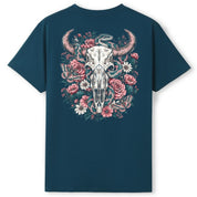 A teal oversized tee shown from the back, with the Skull Snake And Moths graphic printed large across the back.