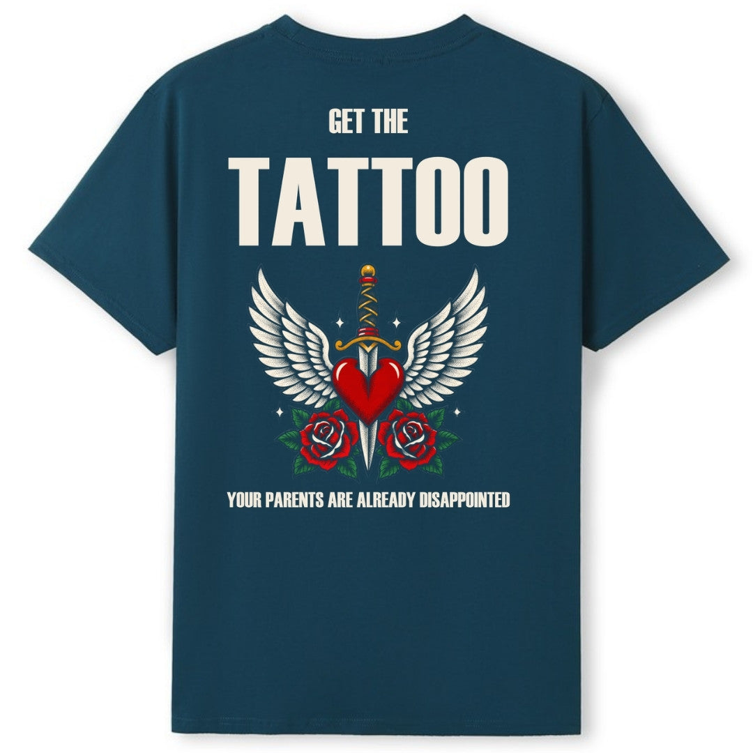 A teal oversized tee shown from the back, with the Get The Tattoo graphic printed large across the back.