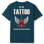 A teal oversized tee shown from the back, with the Get The Tattoo graphic printed large across the back.