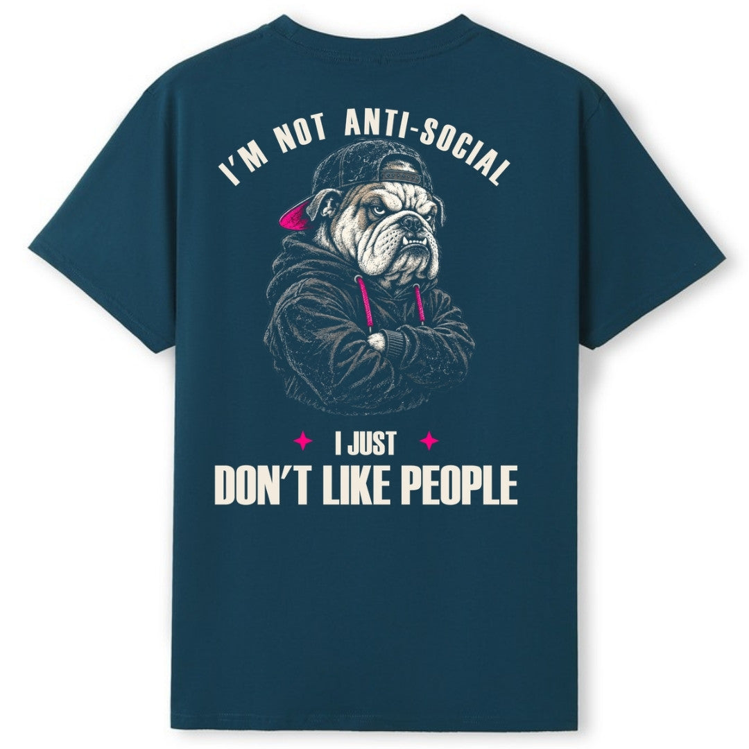 A teal oversized tee shown from the back, with the I'm Not Anti Social Bulldog graphic printed large across the back.
