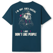 A teal oversized tee shown from the back, with the I'm Not Anti Social Bulldog graphic printed large across the back.