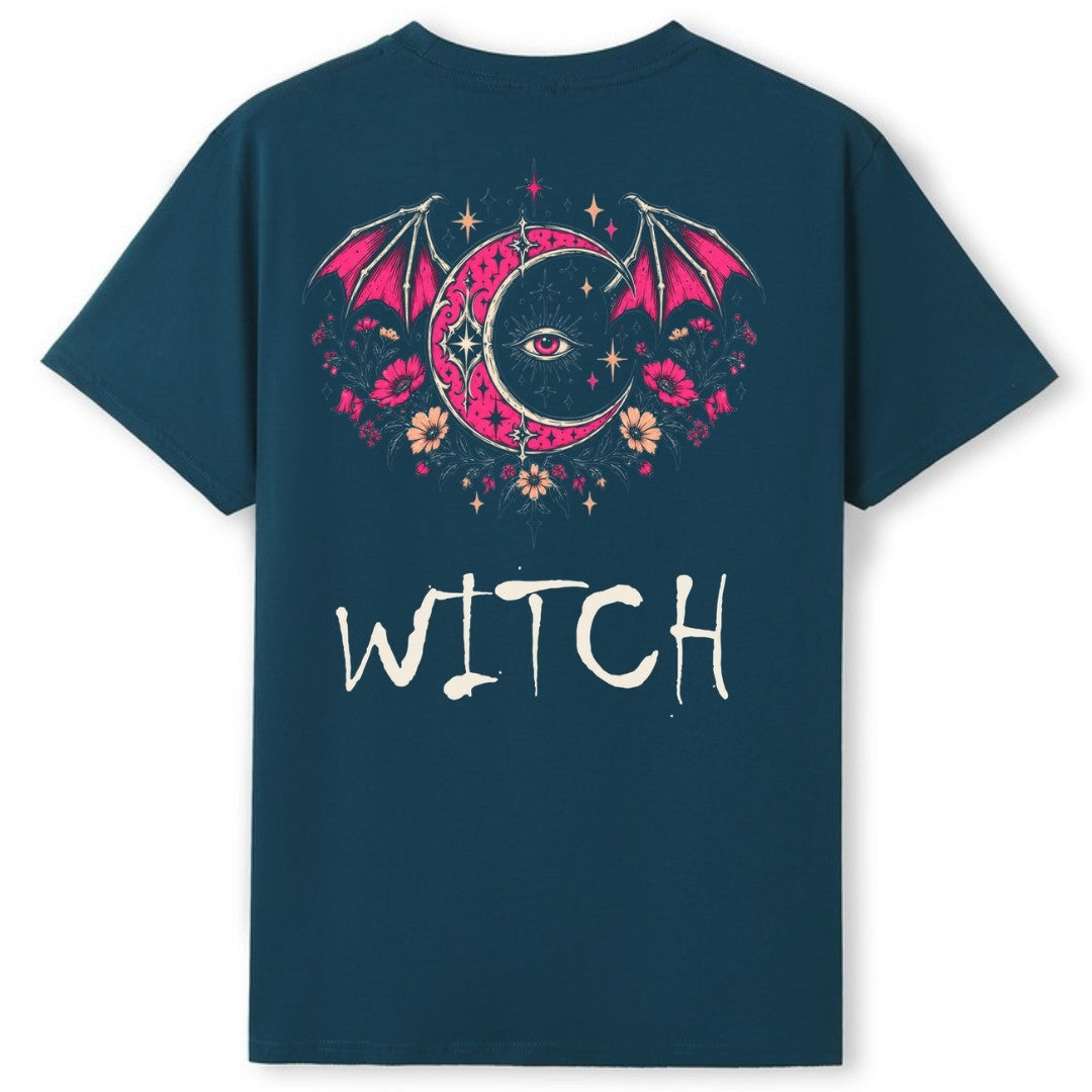 A teal oversized tee shown from the back, with the Witch graphic printed large across the back.