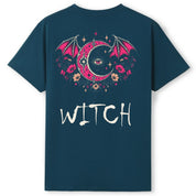 A teal oversized tee shown from the back, with the Witch graphic printed large across the back.