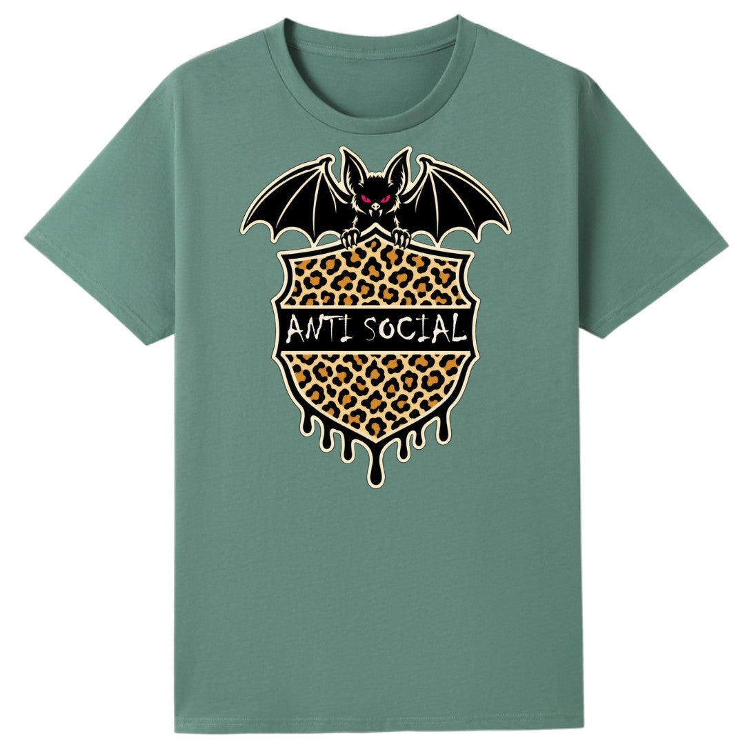 A slate green oversized tee with the Anti Social graphic printed large on the front.