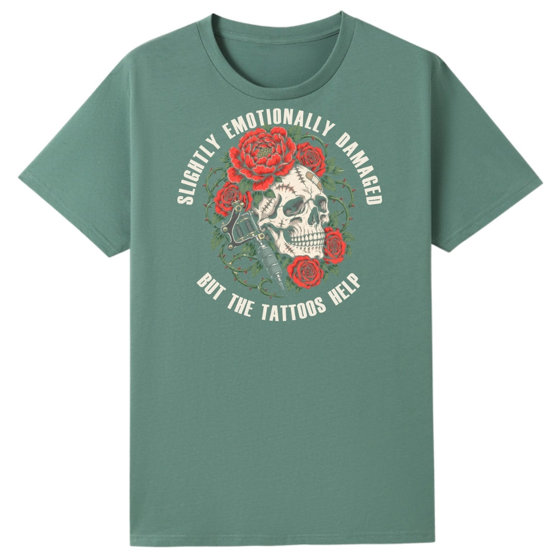 A slate green oversized tee with the Slightly Emotionally Damaged graphic printed large on the front.