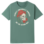 A slate green oversized tee with the Slightly Emotionally Damaged graphic printed large on the front.