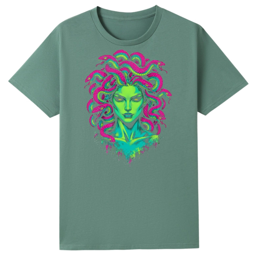 A slate green oversized tee with the Medusa graphic printed large on the front.