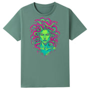 A slate green oversized tee with the Medusa graphic printed large on the front.