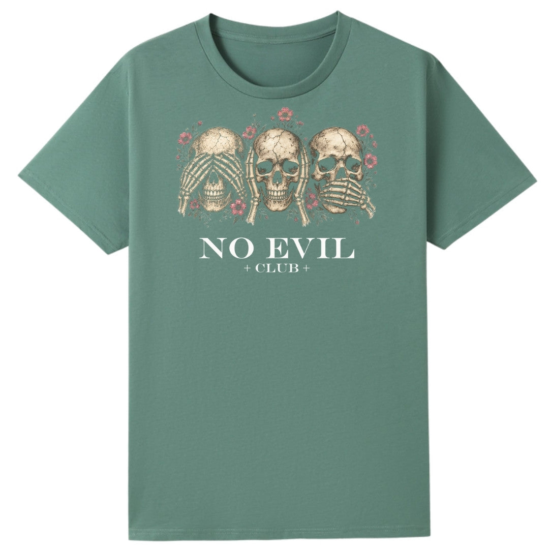 A slate green oversized tee with the No Evil Club graphic printed large on the front.