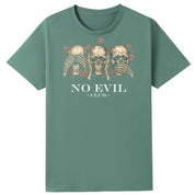 A slate green oversized tee with the No Evil Club graphic printed large on the front.