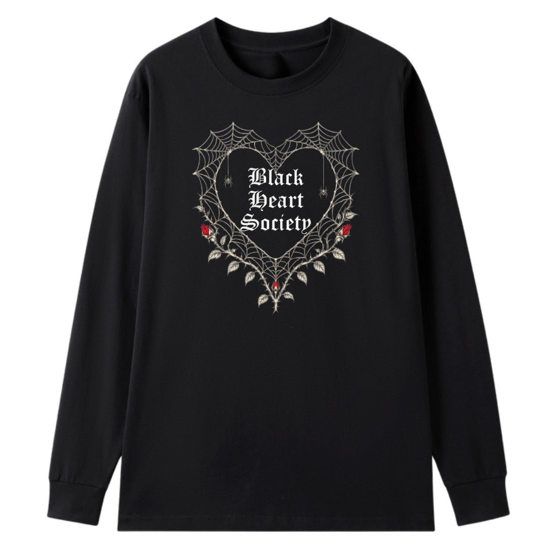 A black oversized long sleeve tee with the Black Heart Society graphic printed large on the front.