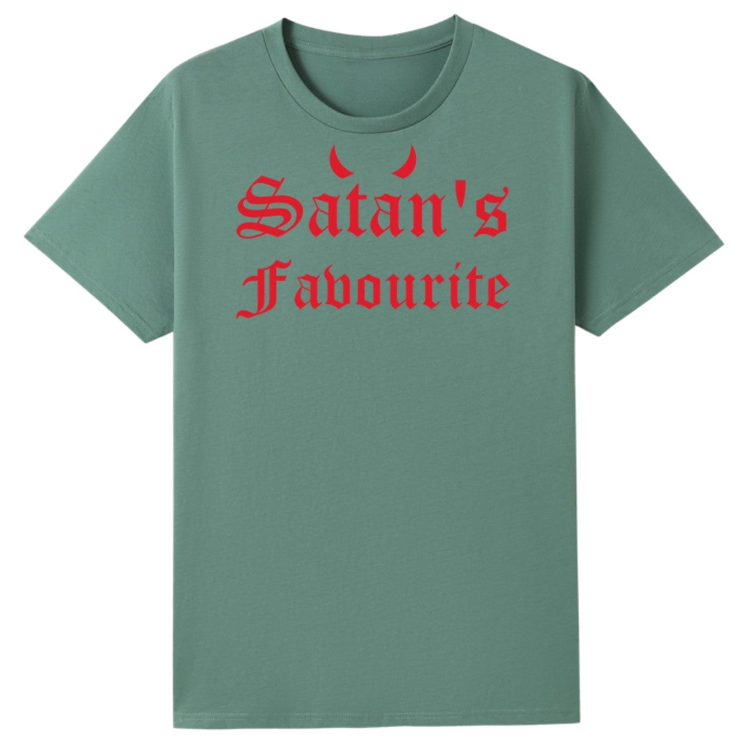 A slate green oversized tee with the Satan's Favourite graphic printed large on the front.