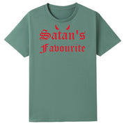 A slate green oversized tee with the Satan's Favourite graphic printed large on the front.