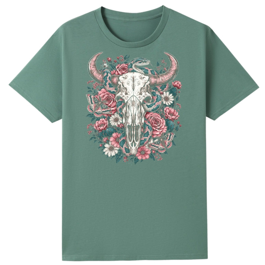 A slate green oversized tee with the Skull Snake And Moths graphic printed large on the front.
