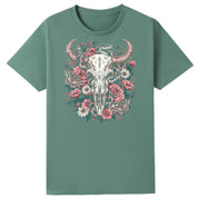 A slate green oversized tee with the Skull Snake And Moths graphic printed large on the front.
