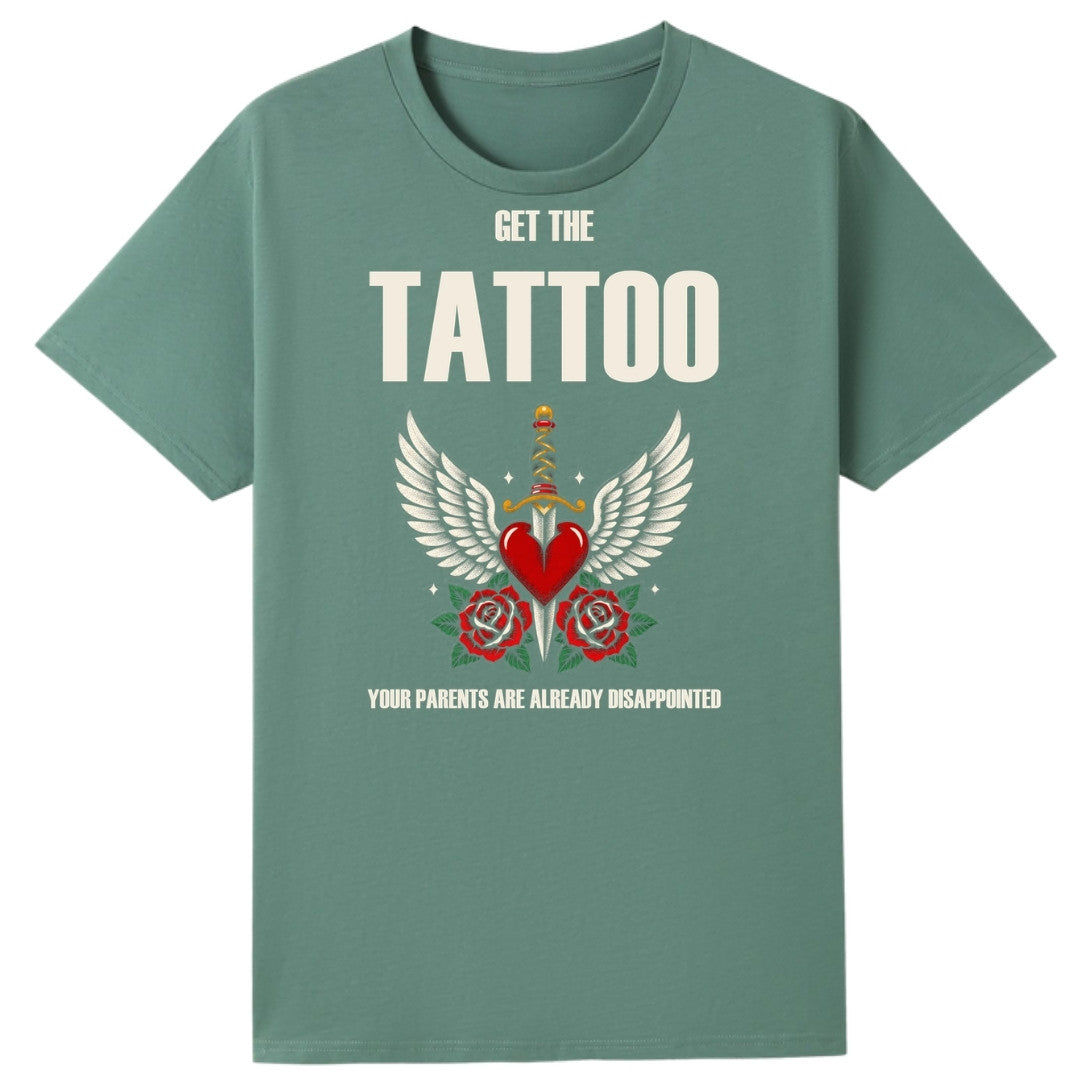 A slate green oversized tee with the Get The Tattoo graphic printed large on the front.