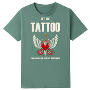 A slate green oversized tee with the Get The Tattoo graphic printed large on the front.
