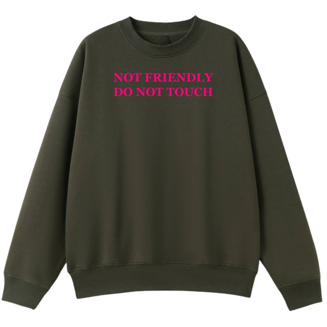 A army green oversized crew neck with the Not Friendly Do Not Touch graphic printed large on the front.