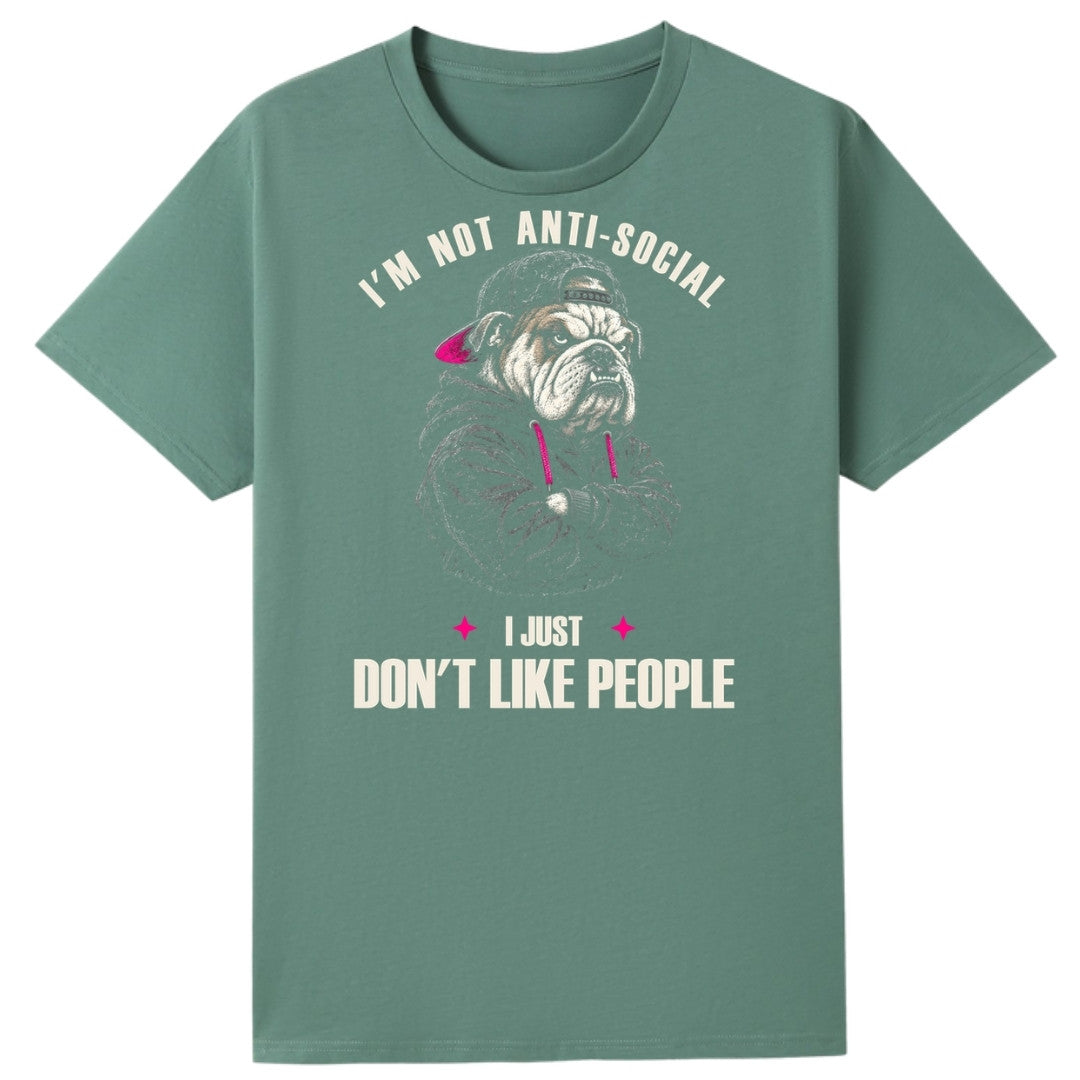 A slate green oversized tee with the I'm Not Anti Social Bulldog graphic printed large on the front.