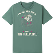 A slate green oversized tee with the I'm Not Anti Social Bulldog graphic printed large on the front.
