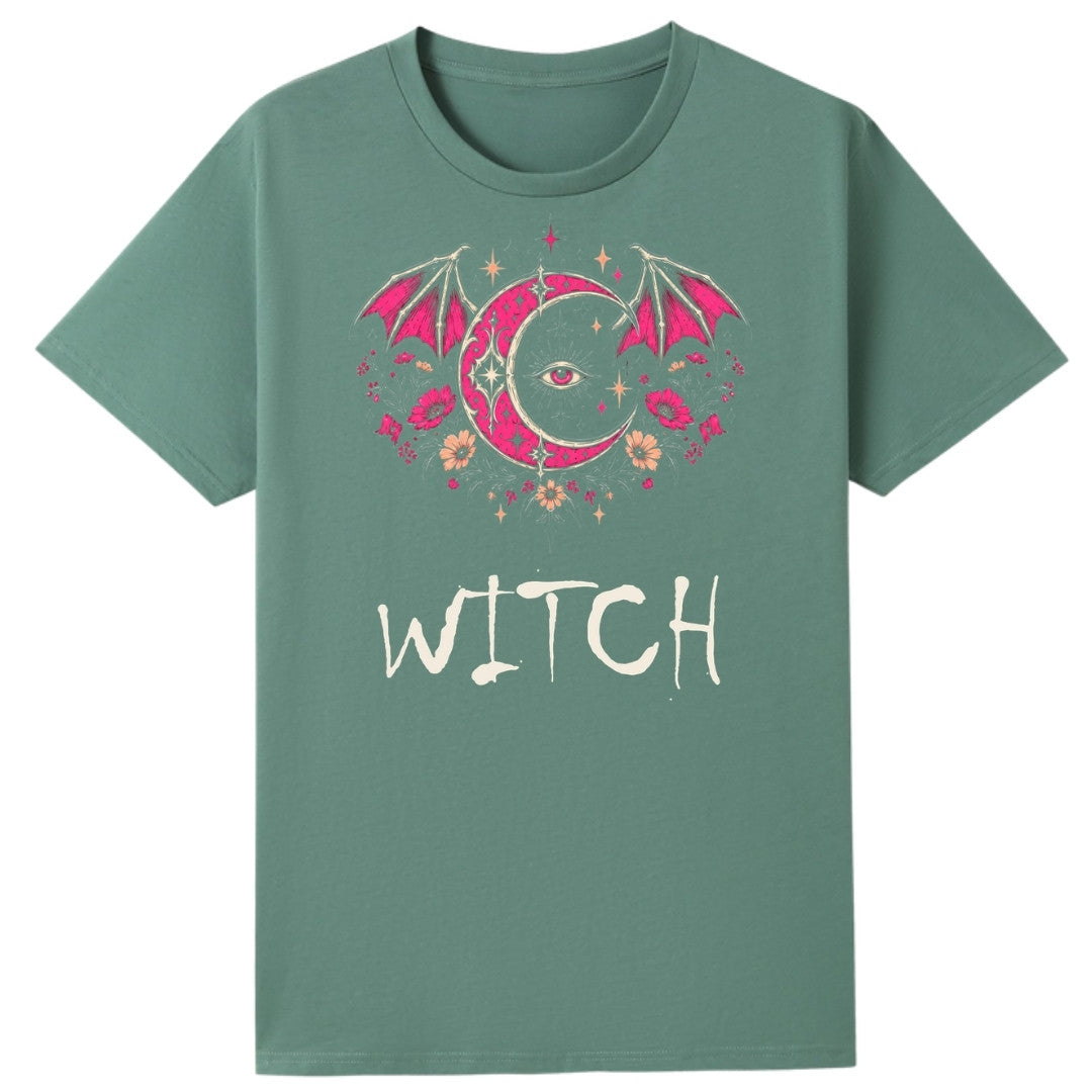 A slate green oversized tee with the Witch graphic printed large on the front.