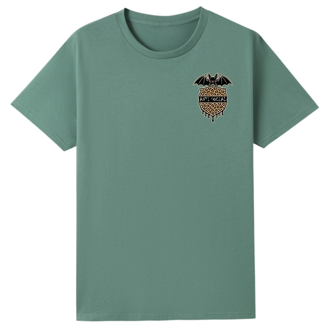 A slate green oversized tee with a small Anti Social graphic on the left chest.