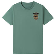 A slate green oversized tee with a small Anti Social graphic on the left chest.