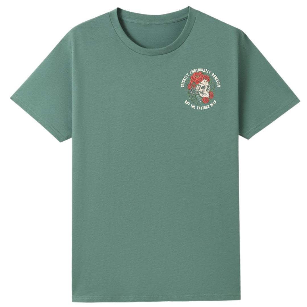 A slate green oversized tee with a small Slightly Emotionally Damaged graphic on the left chest.